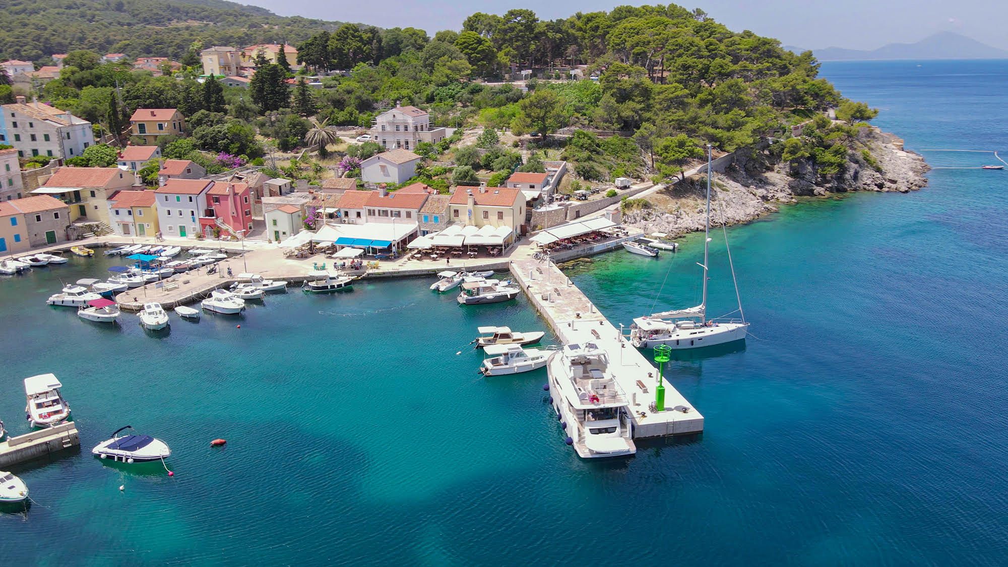 Aerial view of Veli Lošinj marina and turquoise bay