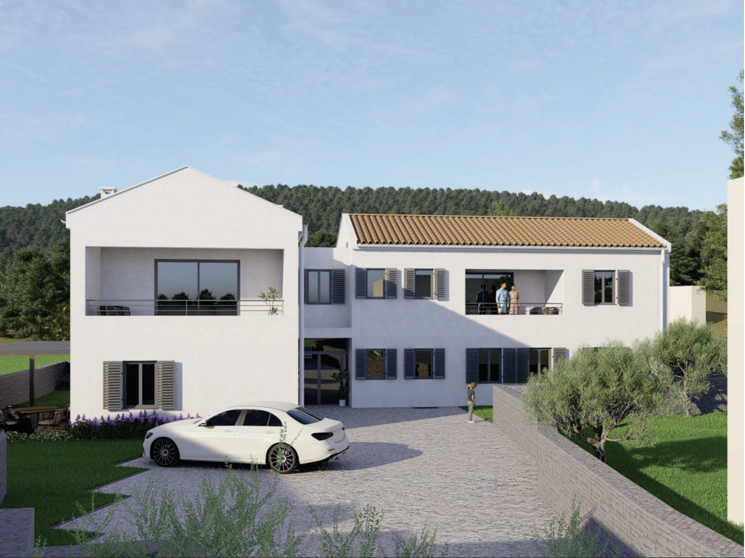 Front façade render of the Veli Lošinj residences with courtyard and parking